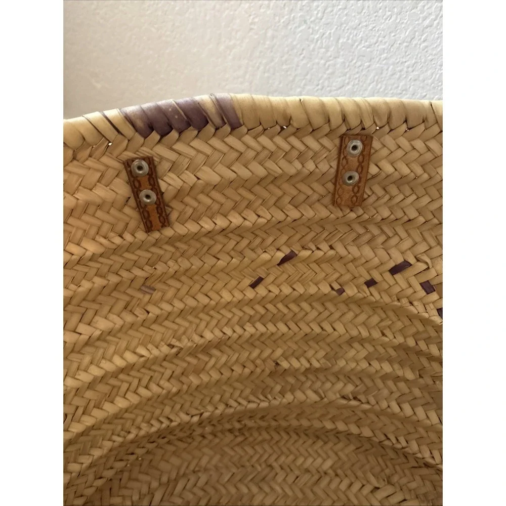 Handmade Woven Straw Market Basket with Brown Leather Handles Beach Shopping